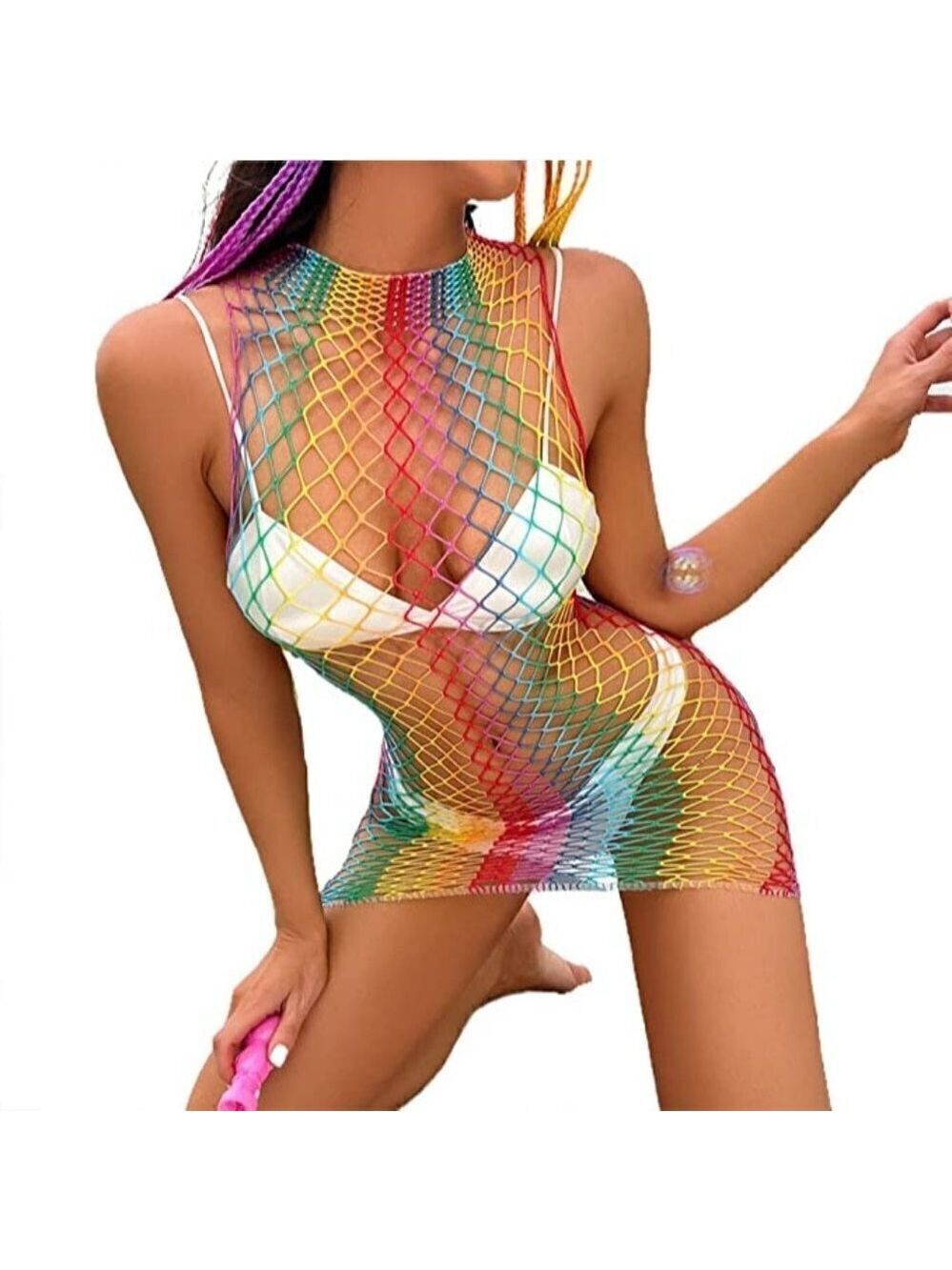 𝅺🌈 Rainbow Fishnet Stockings Mesh Lingerie Bodysuit Party Rave Boho Cosplay NWT